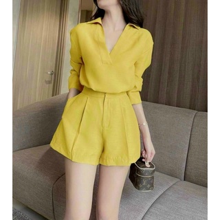 Sét bộ nữ đi chơi, áo sơ mi cổ V kèm quần đùi