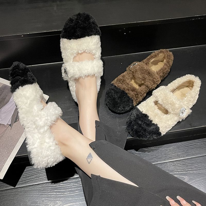 Giày Đế Bằng Chống Trượt Phối Lông Cừu Dễ Thương Xinh Xắn Dành Cho Nữ