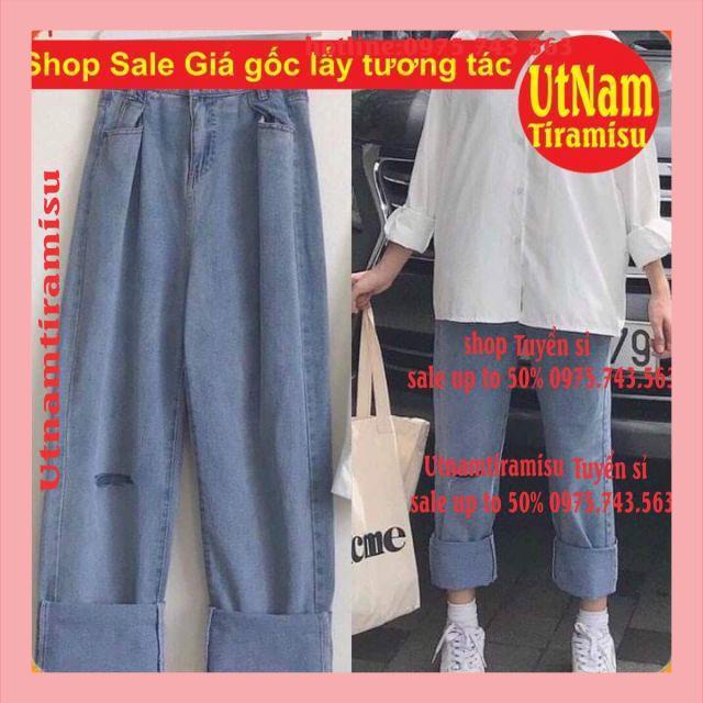 Sét quần jeans ống rộng rách gối + áo sơmi trơn dài tay