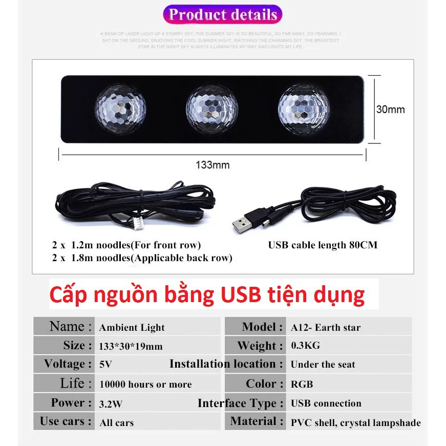 Led sàn ô tô chiếu sao led gầm ghế A12 nguồn USB chiếu sao đa sắc nhảy múa theo nhạc và giọng nói.