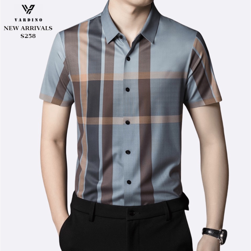 Áo sơ mi kẻ nam VARDINO tay ngắn vải Cotton lụa không nhăn không phai kiểu công sở trung niên s258