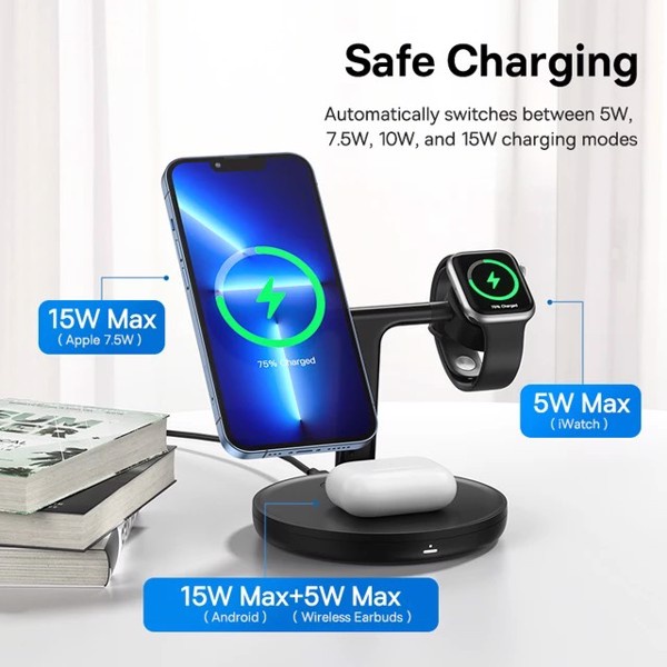 Đế sạc không dây từ tính ip 3 trong 1 Baseus 20w sạc được điên thoại tai nghe đồng hồ watch