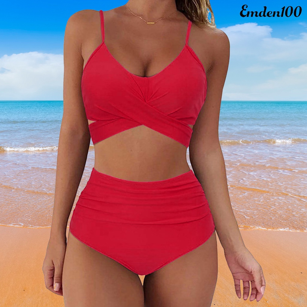 Bộ Đồ Bơi Hai Mảnh Màu Sắc Trơn Lưng Cao Phối Dây Gợi Cảm Cho Nữ