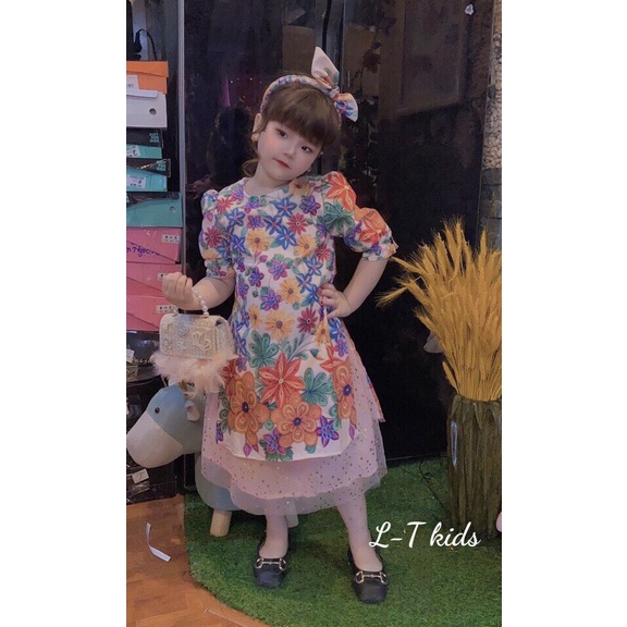 Áo dài cách tân cho bé gái kèm tuban hoa xuân Size 8-30kg XHN816