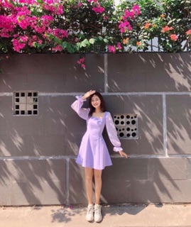 ĐẦM TÍM CỔ VUÔNG NƠ LƯNG