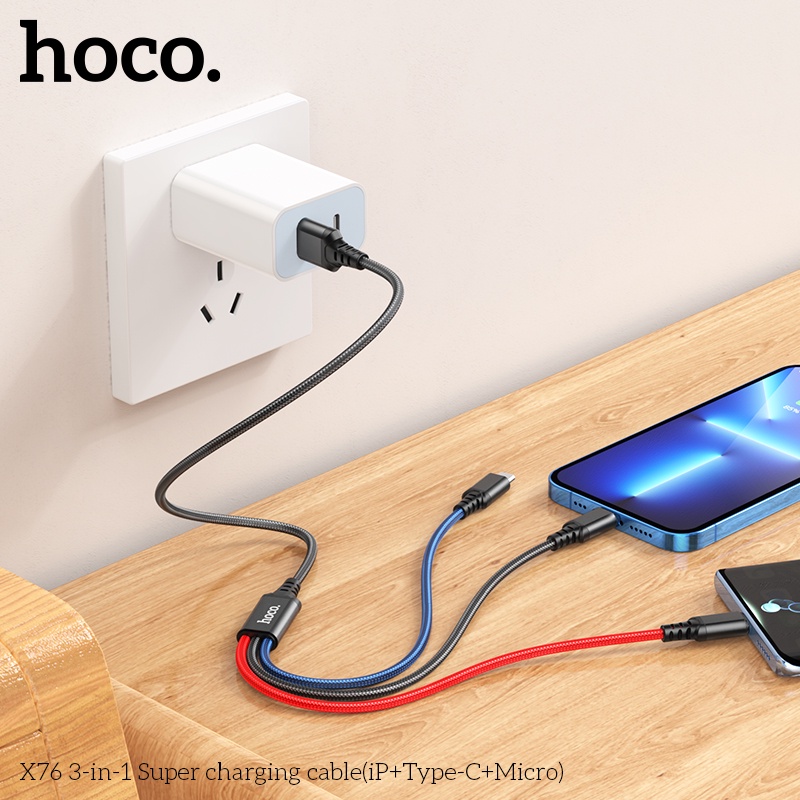 Cáp sạc đa năng Hoco X76 3 đầu IP Micro TypeC hỗ trợ dòng điện 2A dây bọc dù dài 1 mét