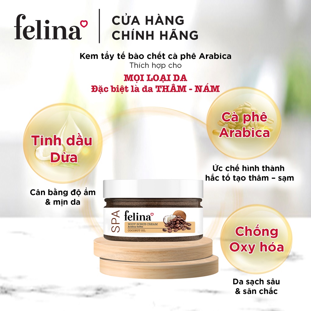 Combo 3 hộp Kem tắm tẩy tế bào chết body Felina Home Spa 220g/ hộp từ Hạt cà phê và tinh dầu dừa giúp giảm thâm sạm