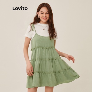 113XJ Lovito Đầm Trễ Vai Nhún Bèo Màu Xanh Lá L20D276