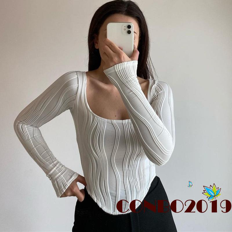 Áo Thun Tay Dài Cổ Chữ U Màu Trơn Họa Tiết 3D Thời Trang Cho Nữ