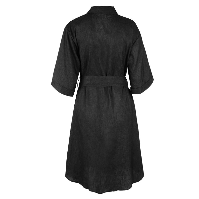 Đầm Sơ Mi Midi Cổ Chữ V Tay Lửng Dáng Rộng Phối Thắt Lưng Thời Trang Dành Cho Nữ