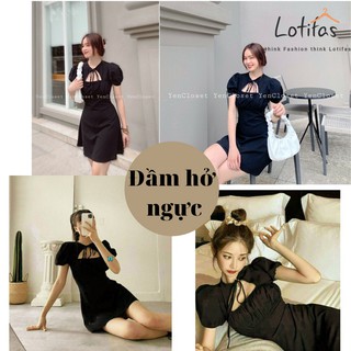 Đầm bigsize dự tiệc, đầm hở ngực nhúm bèo cổ tàu thắt nơ dáng xoe nhẹ chất vải chéo ý mềm mát đầm dành cho người mập