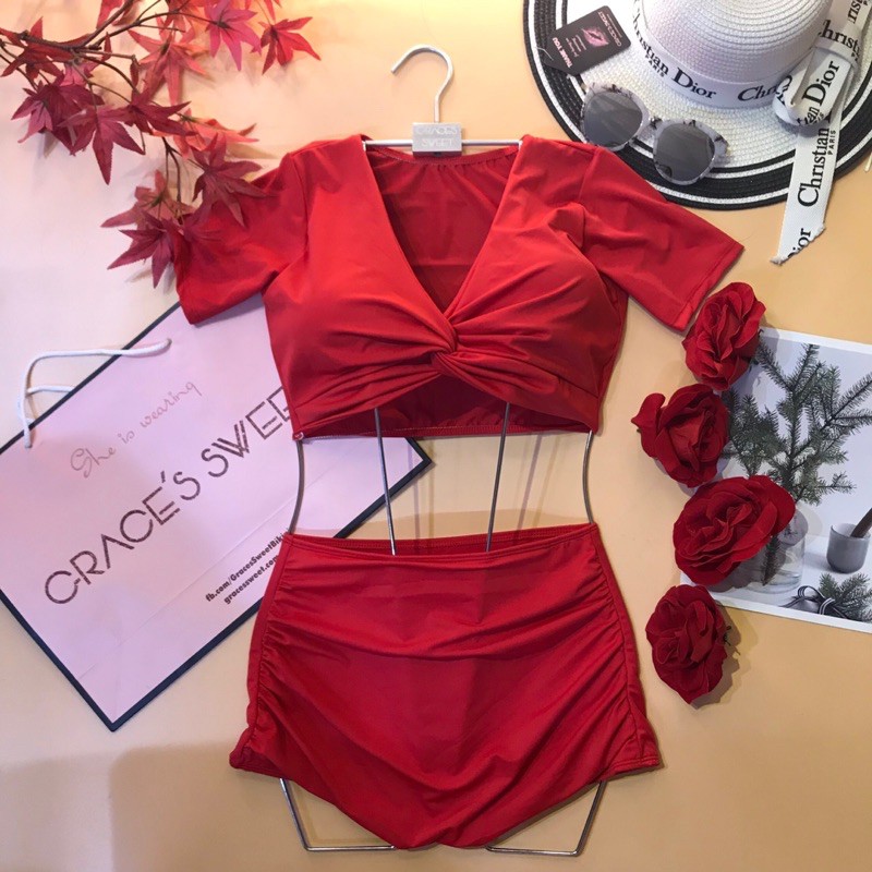 bikini hai mảnh áo croptop cộc tay sẵn mút nâng ngực quần đùi nhún che bụng | BigBuy360 - bigbuy360.vn