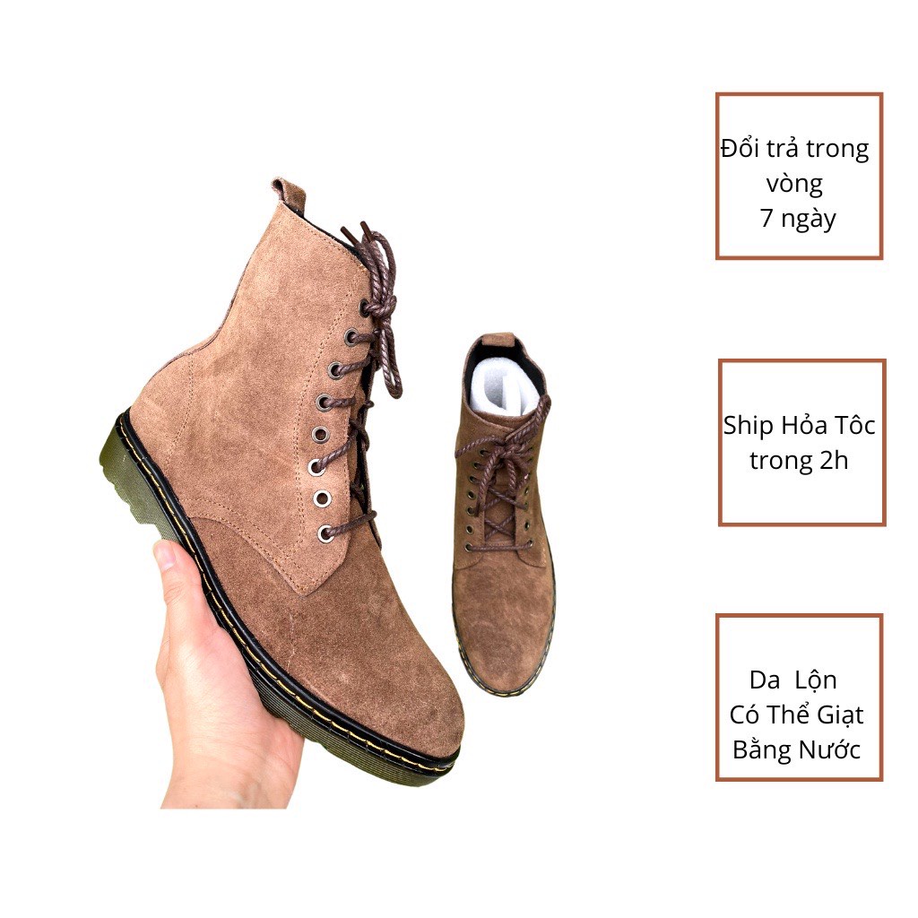 (FULL BOX) Giày Bốt Cao Cổ Da Lộn Nâu Đế Kếp Tăng Chiều Cao - Bảo Hành 12 Tháng
