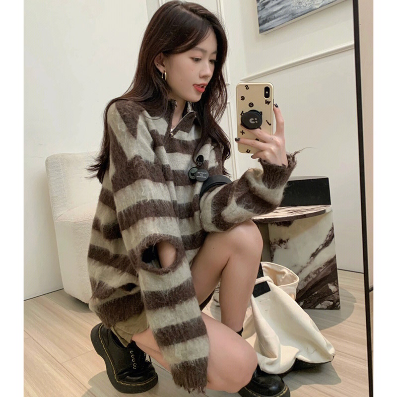 Áo Sweater Dệt Kim Kẻ Sọc Ngang Phong Cách Hàn Quốc Ngọt Ngào Cho Nữ