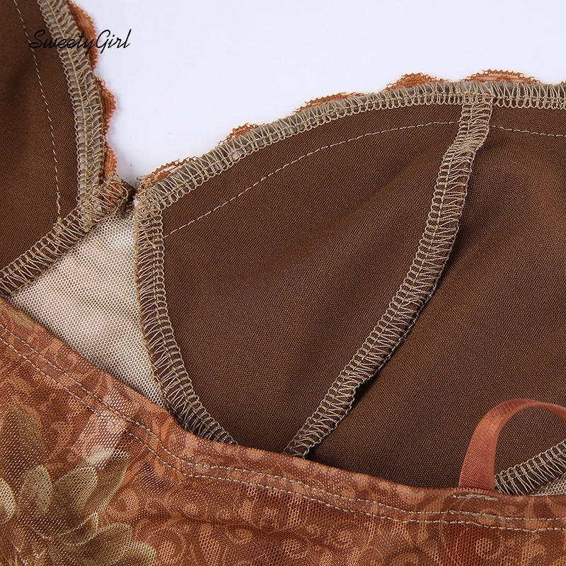 Áo hai dây cổ chữ V hở lưng dáng ôm in họa tiết chiếc lá thời trang quyến rũ cho phái nữ