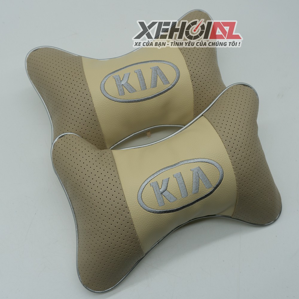 Bộ 02 Gối tựa đầu ô tô loại cao cấp thêu logo hãng xe kia - mầu kem, ảnh thật