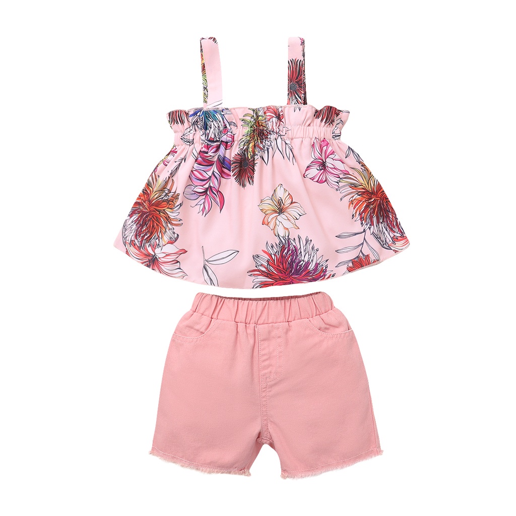 Set đồ 2 món Mikrdoo gồm áo hai dây in hoa và quần ngắn dễ thương mùa hè cho bé gái