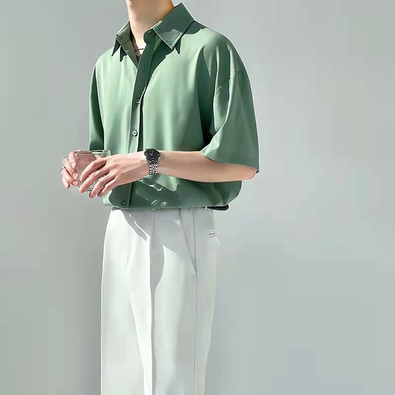 Áo Sơ Mi Tay Ngắn Màu Sắc Đơn Giản Dễ Phối Đồ Thời Trang Phong Cách Hồng Kông Cho Nam