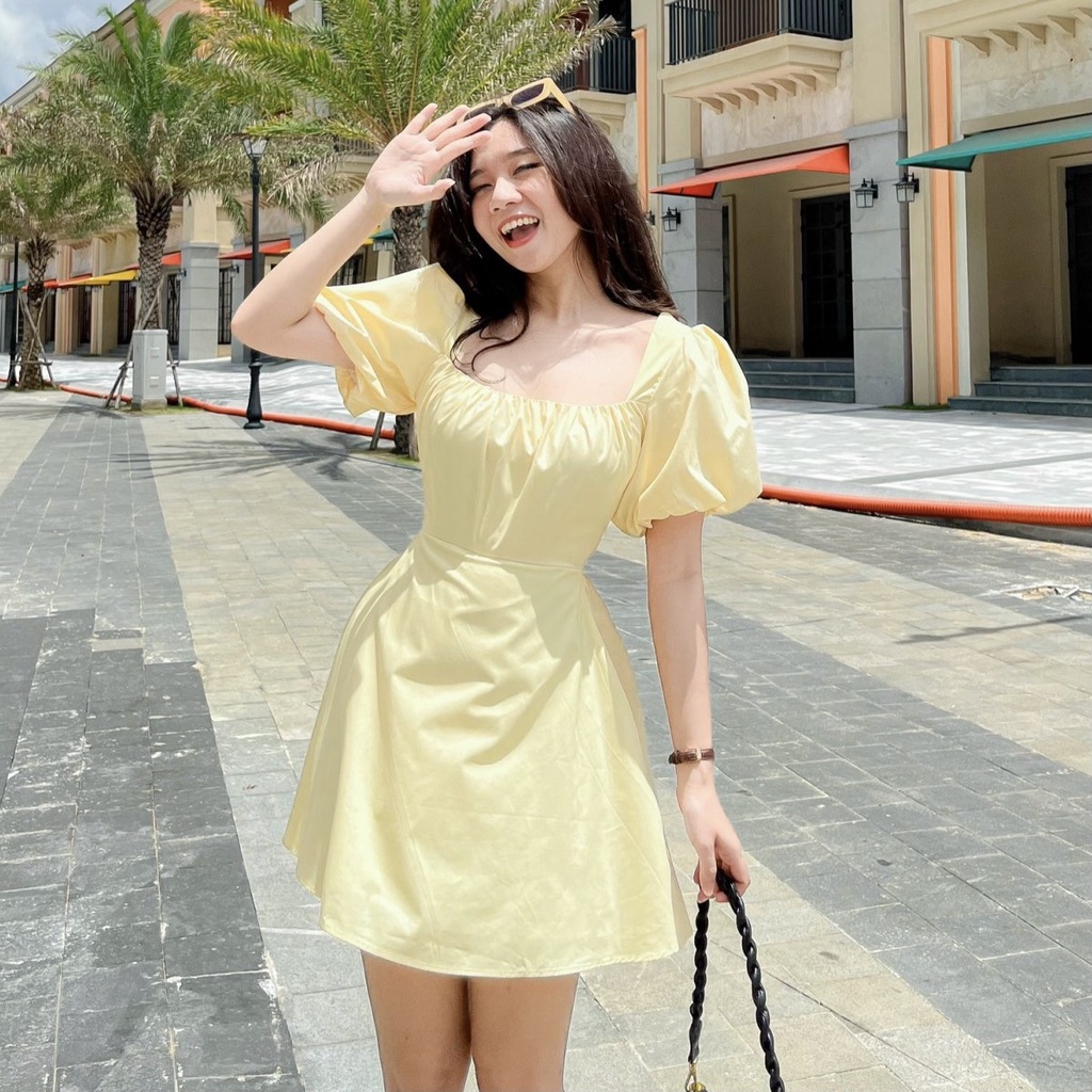 Đầm MERIKA - Đầm cổ vuông tay bồng cut out eo