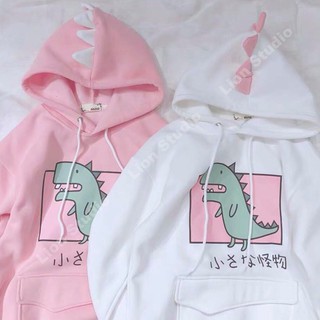 Áo hoodie có nón nỉ màu trắng hồng [khủng long]