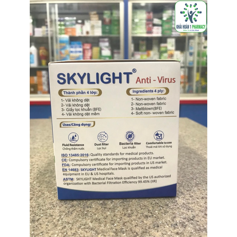 Khẩu trang y tế cao cấp SKYLIGHT ANTI-VIRUS 4 lớp giúp bảo vệ cơ thể khỏi khói bụi và vi khuẩn hiệu quả - Hộp 50 cái