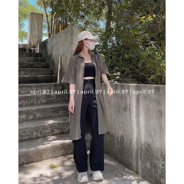 Đầm sơ mi suông dài viền chỉ phom rộng (ảnh thật/ có sẵn)