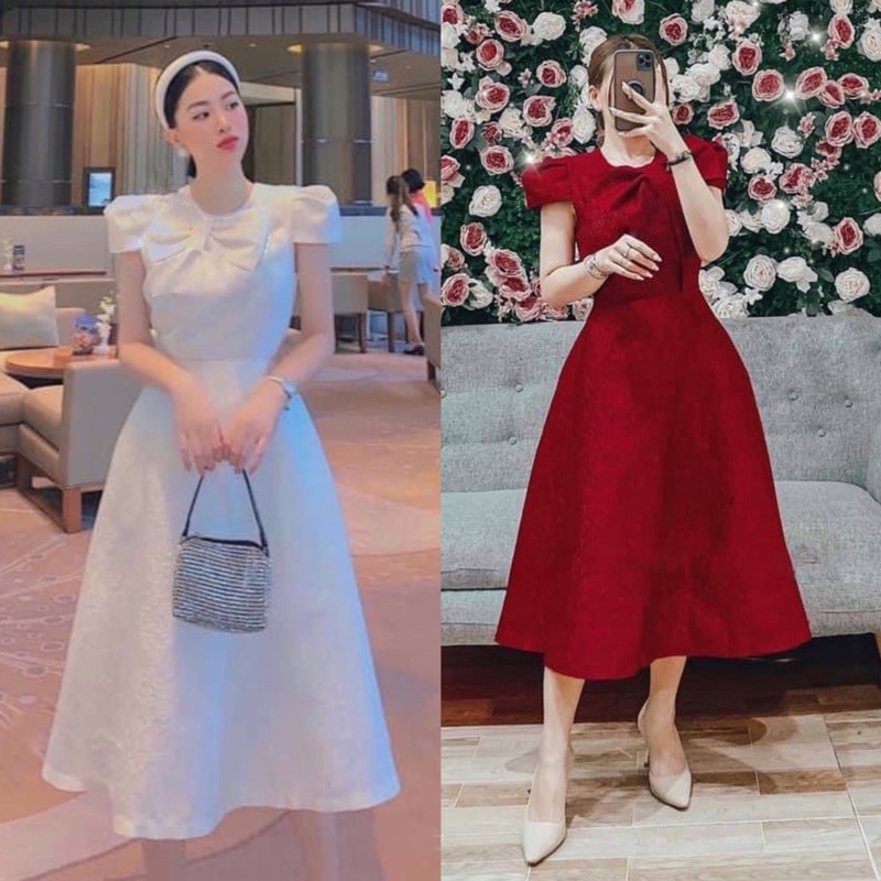 Đầm gấm tay con phối nơ sang trọng