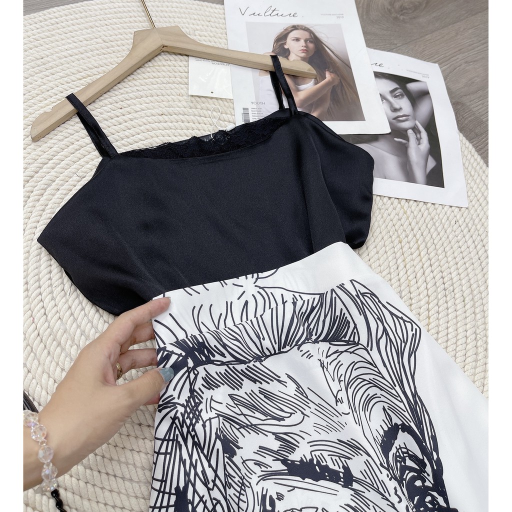 Set Lụa Hình 2 Dây Mix Chân Váy Xẻ | BigBuy360 - bigbuy360.vn