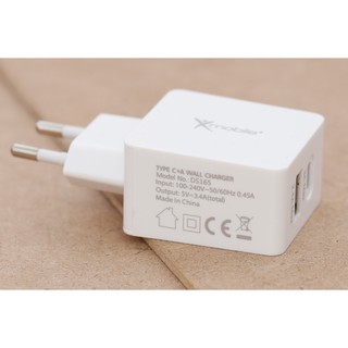 Adapter Sạc 2 cổng USB 2.4A Type C 3A Xmobile DS165 Trắng