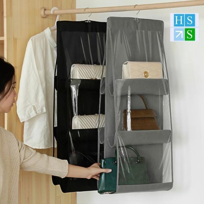 Túi treo đựng bảo quản giỏ sách túi sách bóp ví ( 6 ngăn, 3 tầng) đựng đồ chống bụi có móc treo xoay 360 - HS Shop