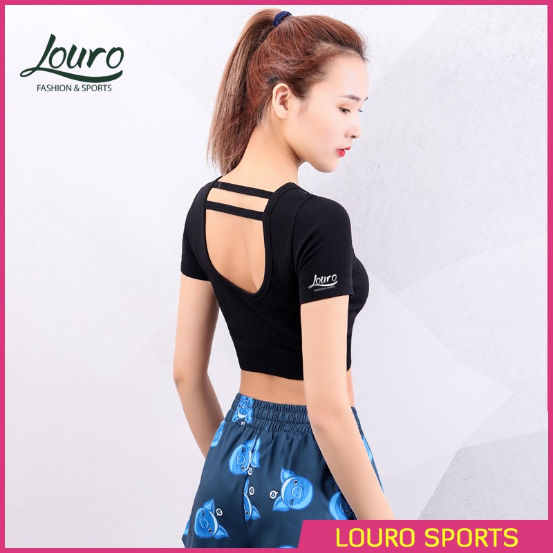 Áo croptop body Louro LA80, kiểu áo croptop tập gym dùng tập thể thao, gym, yoga, zumba, chất liệu siêu co giãn