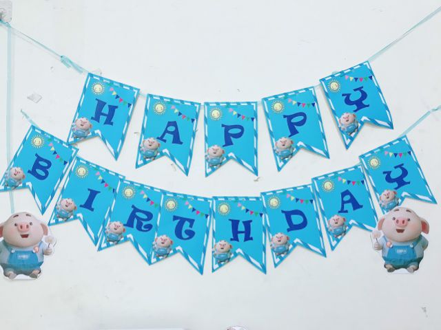 Set trang trí sinh nhật chủ đề heo con, sinh nhật lợn xanh