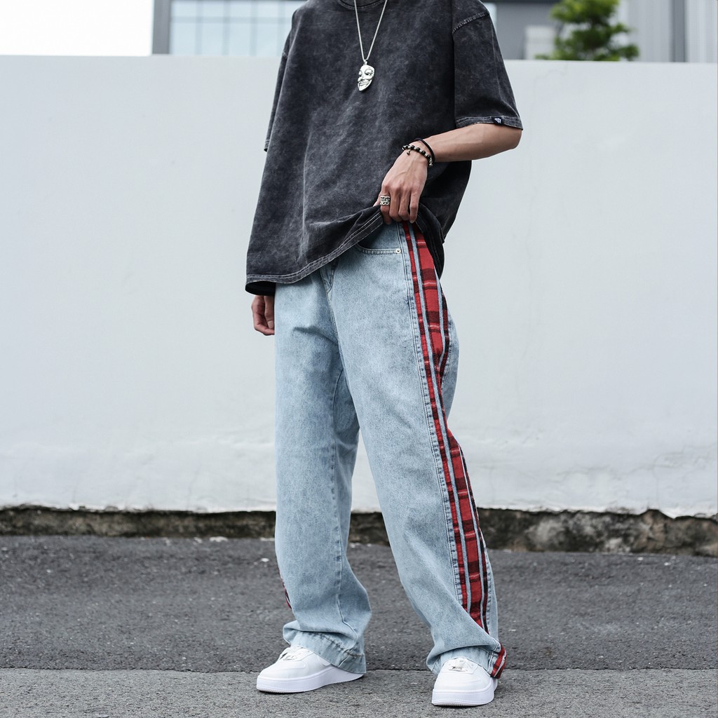 Quần Baggy Trơn Ống Suông Đứng-Chất Vải Jeans Cao Cấp Mềm Mịn-Unisex Nam Nữ Hot Trend Dễ Phối Đồ-Màu Xanh Phối Sọc Đỏ
