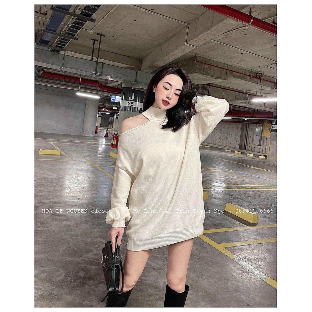 Áo len mịn lệch vai cổ chocker fom rộng cá tính | BigBuy360 - bigbuy360.vn