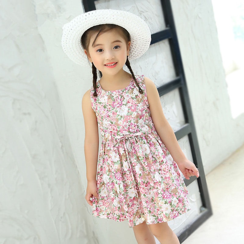 Đầm Công Chúa Không Tay In Hoa Bằng Vải Cotton Kèm Nón Dành Cho Bé Gái