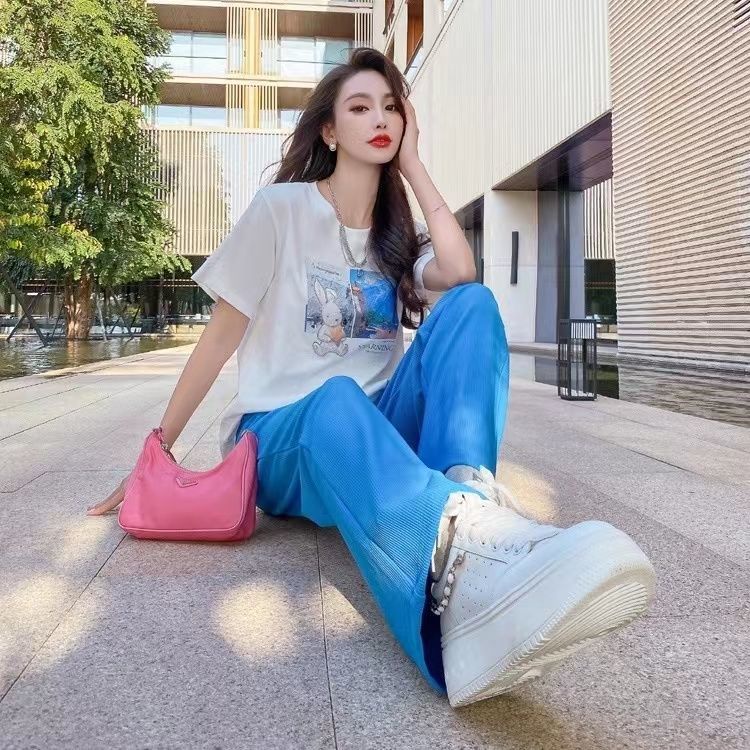 Summer new suit high waist casual ice wide leg pants women loose and versatile short sleeve T-shirt sports two piece set