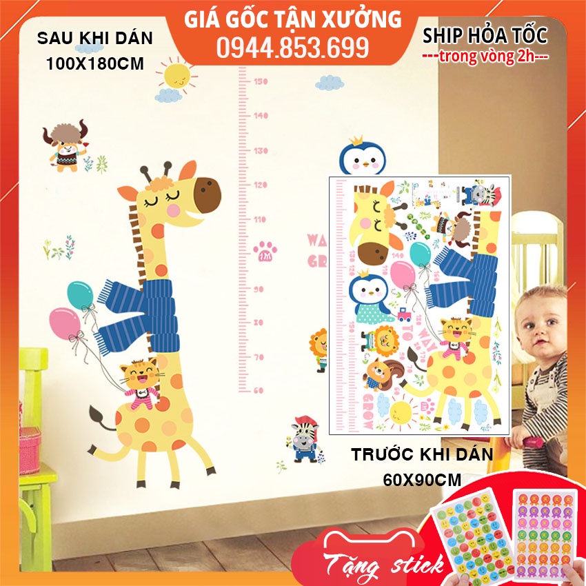 Tranh đề can dán tường cho bé đo chiều cao hươu cao cổ quàng khăn, tranh decal dán tường cho bé SK9165 tặng sticker