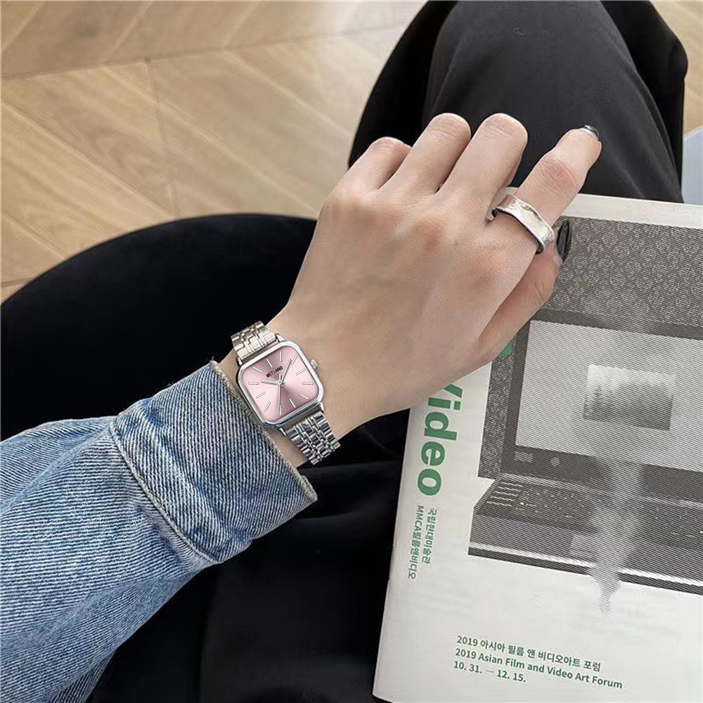 Đồng Hồ Đeo Tay Mặt Vuông Dây Inox Đơn Giản Thời Trang Hàn Quốc Dành Cho Nữ