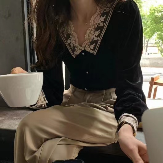 SUXI Áo Kiểu Nữ Dài Tay Cổ Chữ V Phối Ren Hoa Thiết Kế Mới Thời Trang Theo Phong Cách Vintage