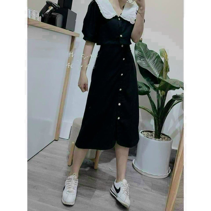 Set chân váy dài + áo crop top cổ sen nút trắng