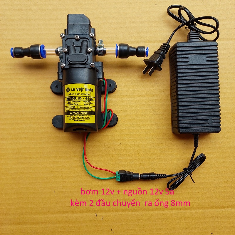 máy bơm tăng áp mini 12v - máy bơm phun sương 12v+ nguồn 12v-5a +2 đầu chuyển ống 8