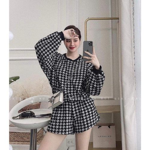 SET BỘ NỈ ÁO DÀI TAY + QUẦN CỘC HOẠ TIẾT CARO THỜI TRANG HOTREND 2022 CHO NỮ