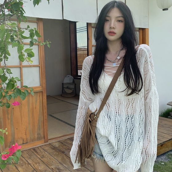 [Hana And Alice] Áo Dệt Kim Tay Dài Dáng Rộng Chống Nắng Thời Trang Đi Biển Trẻ Trung