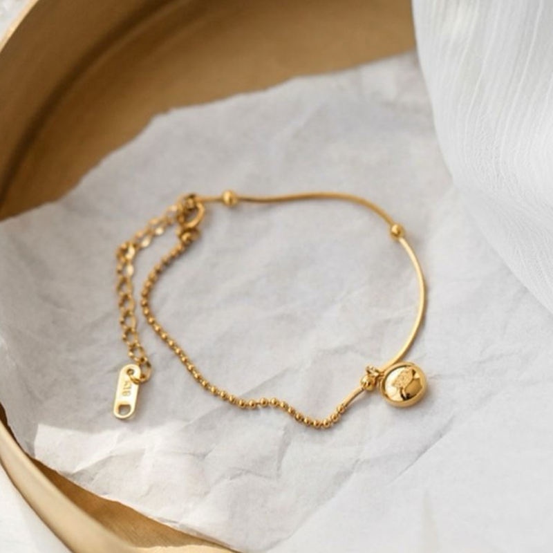 Lắc tay titan không gỉ, vòng tay titan mạ vàng 18k dạng bi tròn xinh xắn khắc chữ may mắn phong cách ins hàn quốc