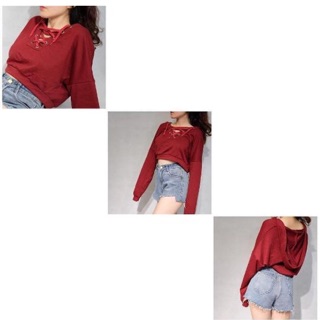 Áo Croptop Hoodie mũ đan dây ngực dáng rộng thụng - by SugarG