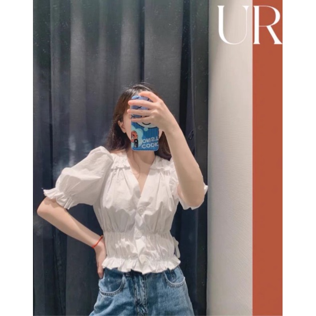 Áo Sơ Mi Croptop Cổ V Bánh Bèo 3 Cúc