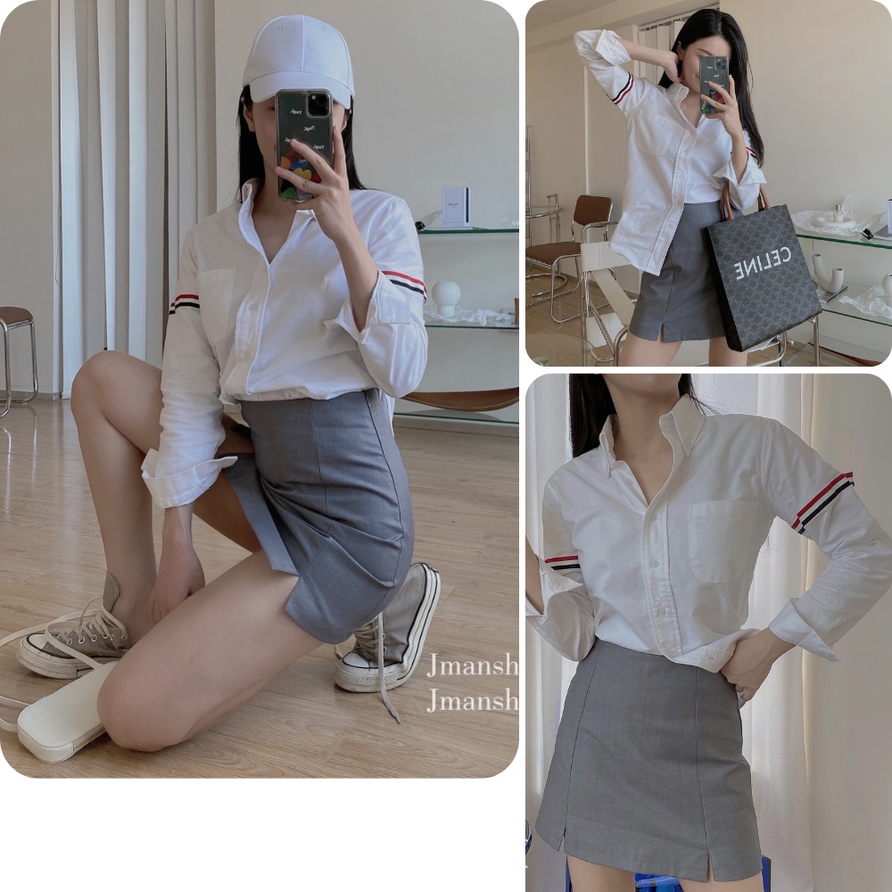 Áo sơ mi nữ, áo nữ trắng sọc đỏ from rộng  đủ size S M L SKUA-06