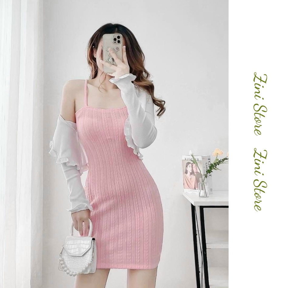 Đầm 2 dây nữ chất thun len gân dày dặn tại Zini Store