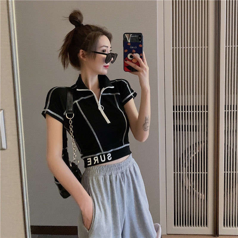 Áo Thun Đen Ngắn Tay Cổ Polo Phối Khóa Kéo Eo Cao Thời Trang Mùa Hè Dành Cho Nữ