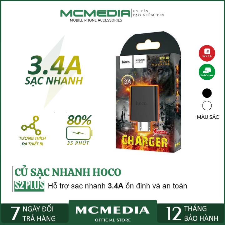 Củ Sạc Nhanh 3.4A Hoco S2 Plus Hỗ Trợ Sạc Nhanh Tương Thích Nhiều Tất Cả Các Dòng Điện Thoại